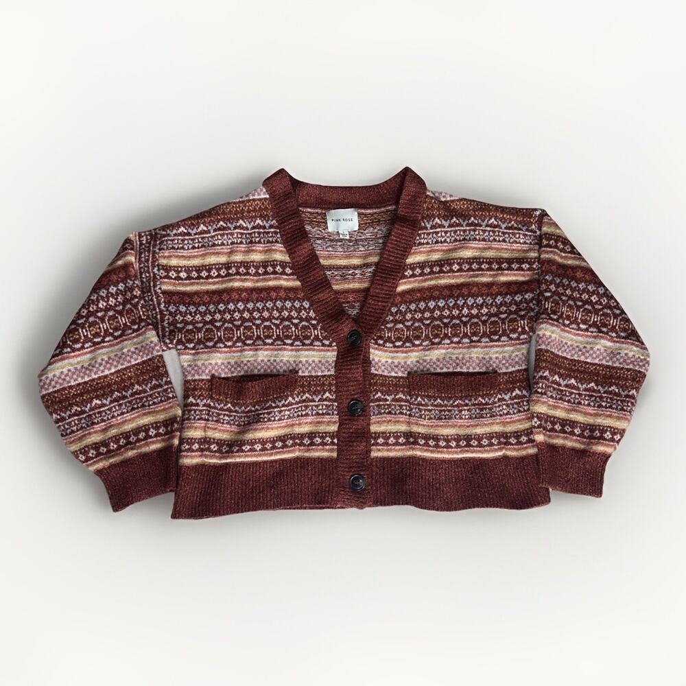 Pink Rose Fair Isle Pattern Cardigan Sweater Size L Women’s Button-Front Cropped